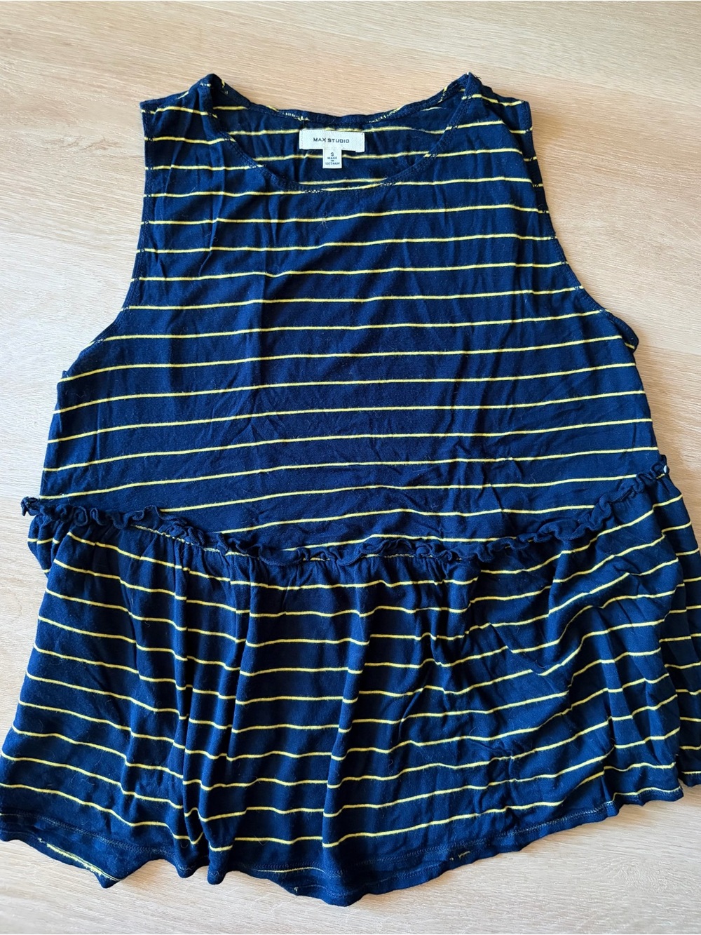 Max Studio Navy Yellow Striped Ruffle Tank Top Size S